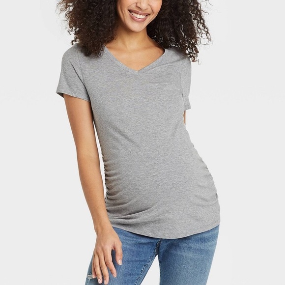 Isabel Maternity by Ingrid & Isabel Tops - Isabel Maternity by Ingrid & Isabel Gray Short Sleeve V Neck Shirred Tee XS NWT‎